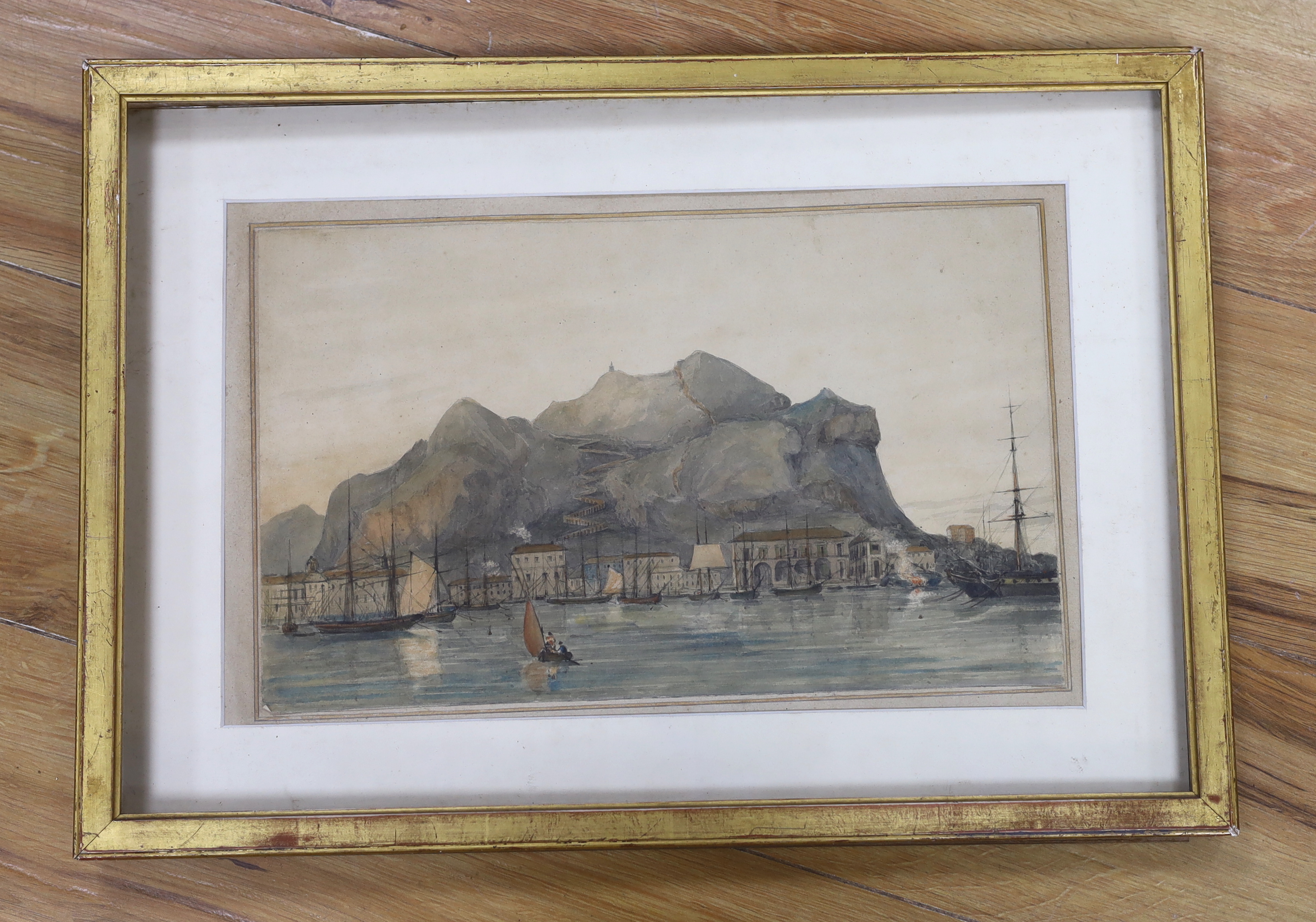 Late 19th century English School, watercolour, View of Gibraltar, 22 x 37cm